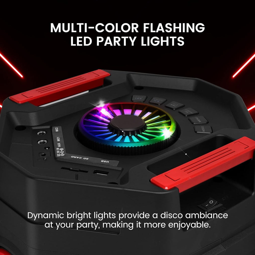 Pyle Portable Bluetooth PA Speaker - 400W Dual 8” Rechargeable Indoor/Outdoor BT Karaoke Audio System-Party Lights, LED Display, FM/AUX/MP3/USB/SD, 1/4" in,Handle, Wheels-Wireless Mic, Remote Control