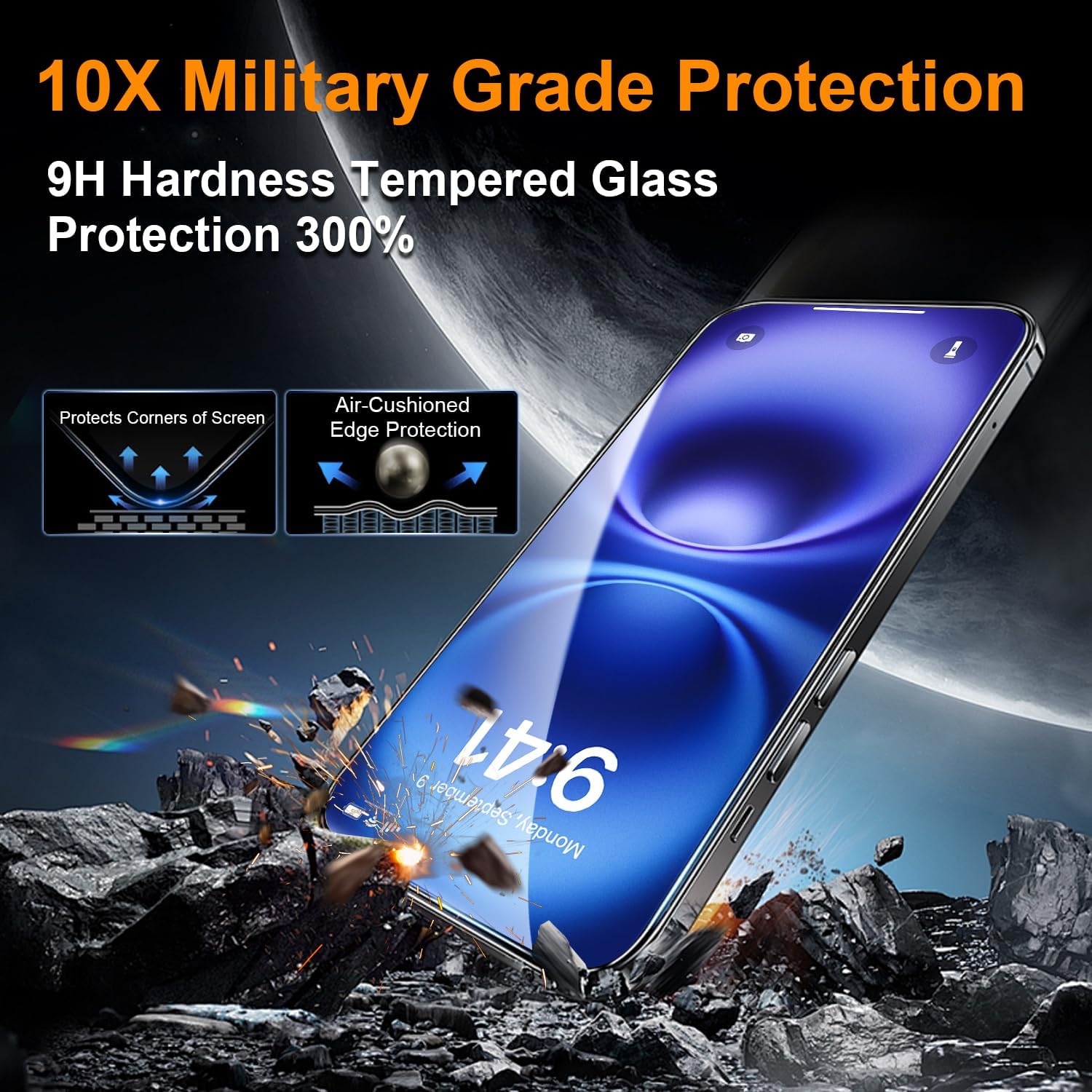 OneFish Screen Protector for iphone Pro Max 16, Airbag Edge Protection, HD Clarity Tempered Glass Film with Installation Frame, 9H Glass Scratch Resistant, Easy Installation, 2Pack.