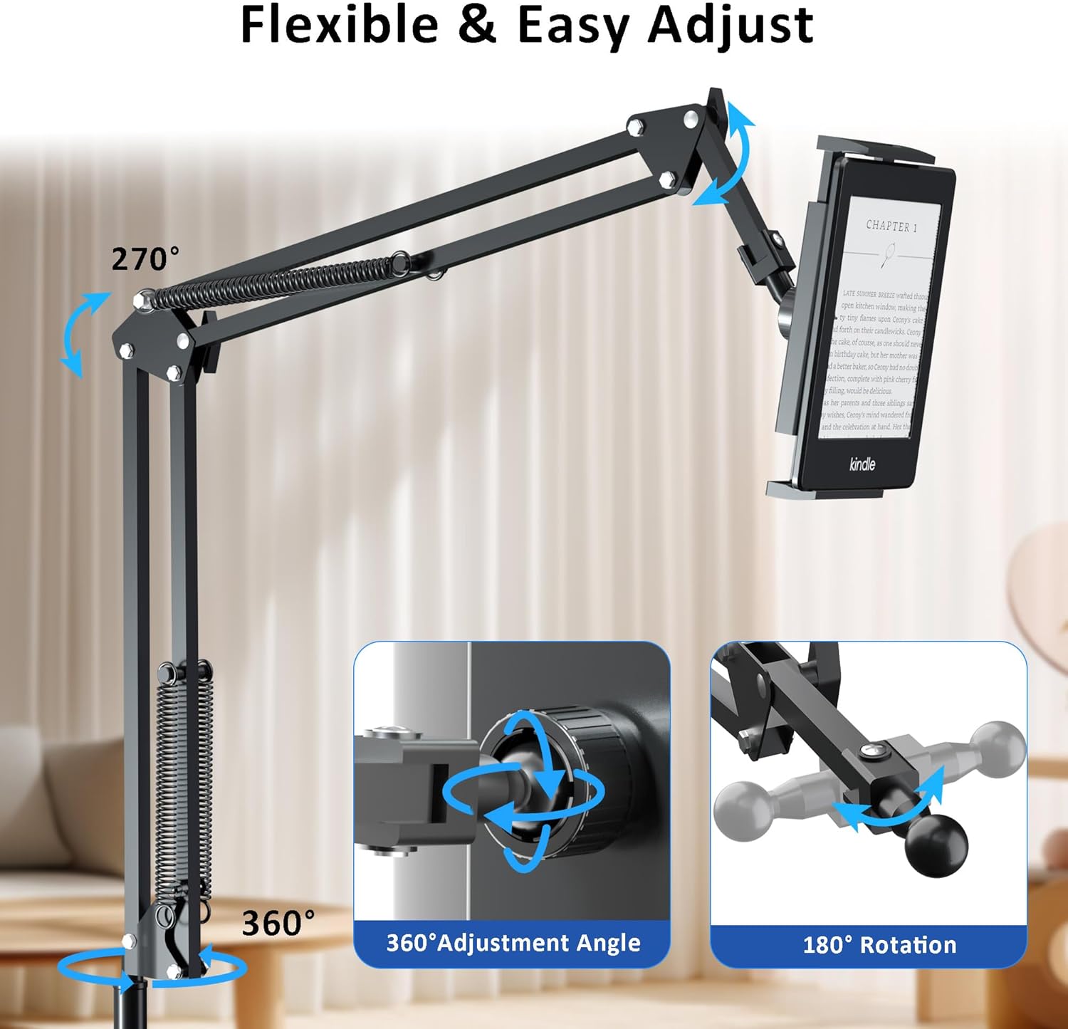 Floor Stand for Kindle Reading in Bed with Remote Page Turner, Hands Free Tablet Arm Holder for Kindle Accessory, Compatible with iPhone Paperwhite eReader Tablet 4.5-12.9 inch (kt-sd2)