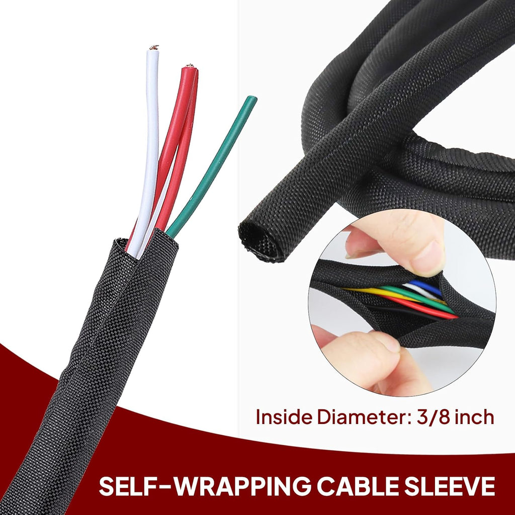 Black Braided Cable Management Sleeves Wire Loom Tubing Cord Protector Self-Wrapping (3/8"-30Feet)