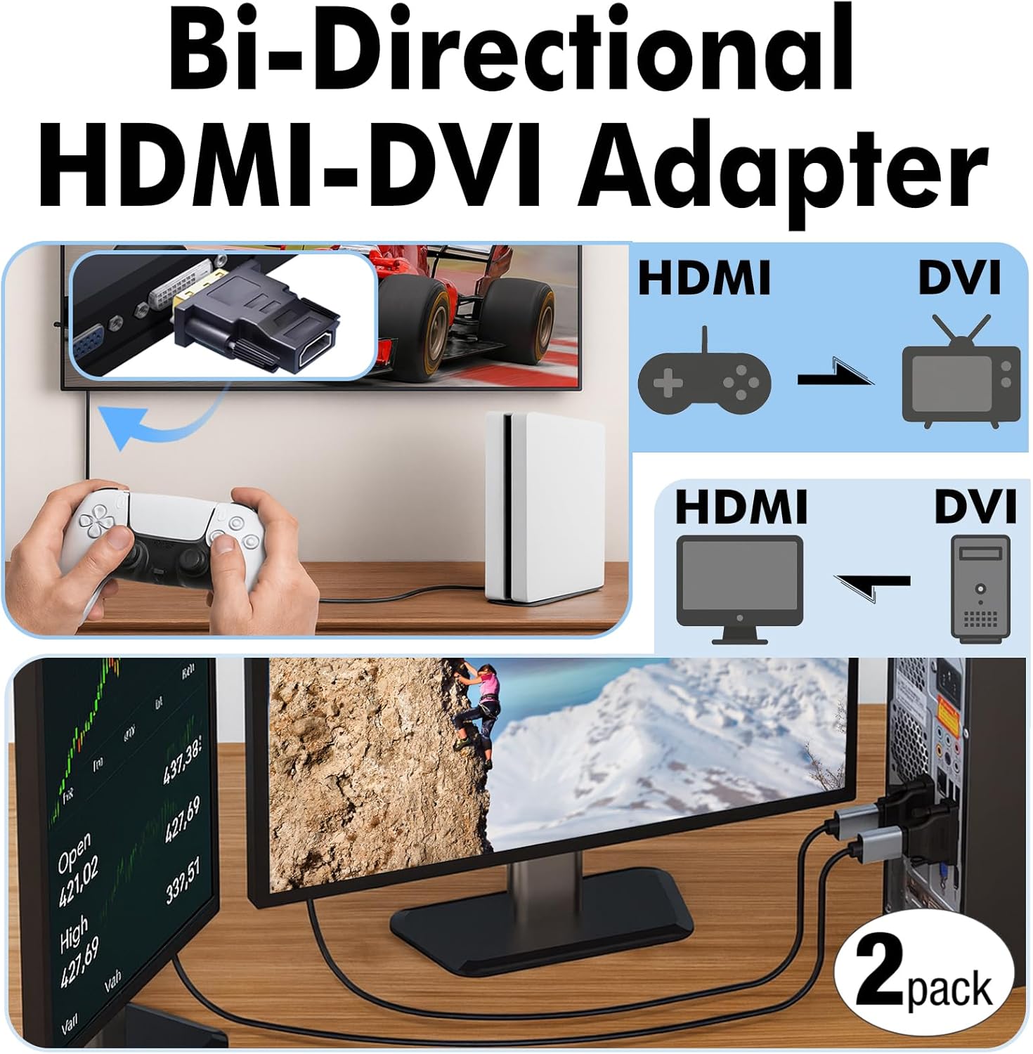 DVI to HDMI Adapter, 2-Pack – Bi-Directional DVI-D Male to HDMI Female Converter – 4K/30Hz UHD Video Support for Monitor, HDTV, Projector, PC, PS4, Laptop – Gold-Plated Connectors