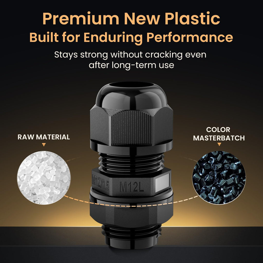QILIPSU 10pcs M12L Long Thread Cable Gland Waterproof IP68 Nylon Strain Relief Cord Grip Cable Pass Through Wire Connector