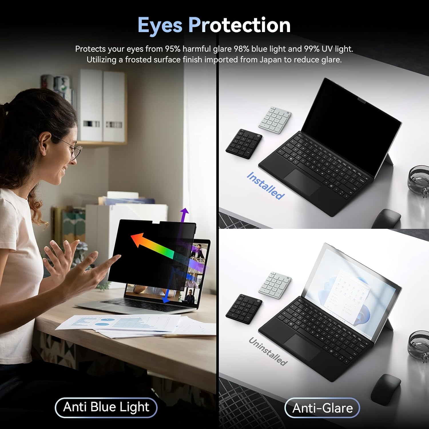 Privacy Filter Compatible with 15 Inch Surface Laptop 5/4/3/2/1, Easy On/Off Removable Anti Glare Blue Light Laptop Privacy Screen Black Security Private