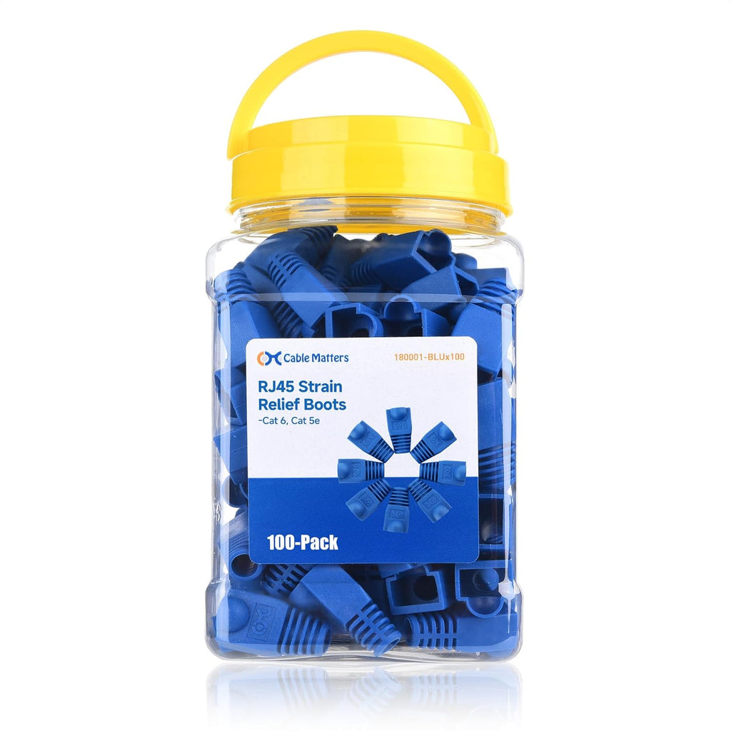 Cable Matters 100-Pack Cat6 / Cat5e RJ45 Strain Relief Boots, RJ45 Boot, Cat 6 Boot, Cat6 Ethernet Boots, Blue, Suitable for 6.5mm (0.25in) Ethernet Cables