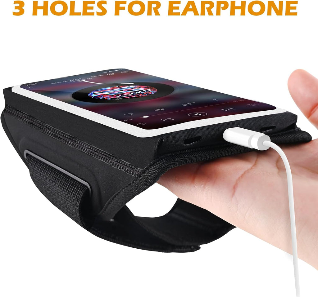 Running Armband with Earphone Bag Cell Phone Armband for iPhone 16 15 Pro 14 Plus 13 11 XR XS, Galaxy S24/S10 Water Resistant Sports Phone Holder Case & Zipper Slot Car Key Holder for 6.9 inch Phone