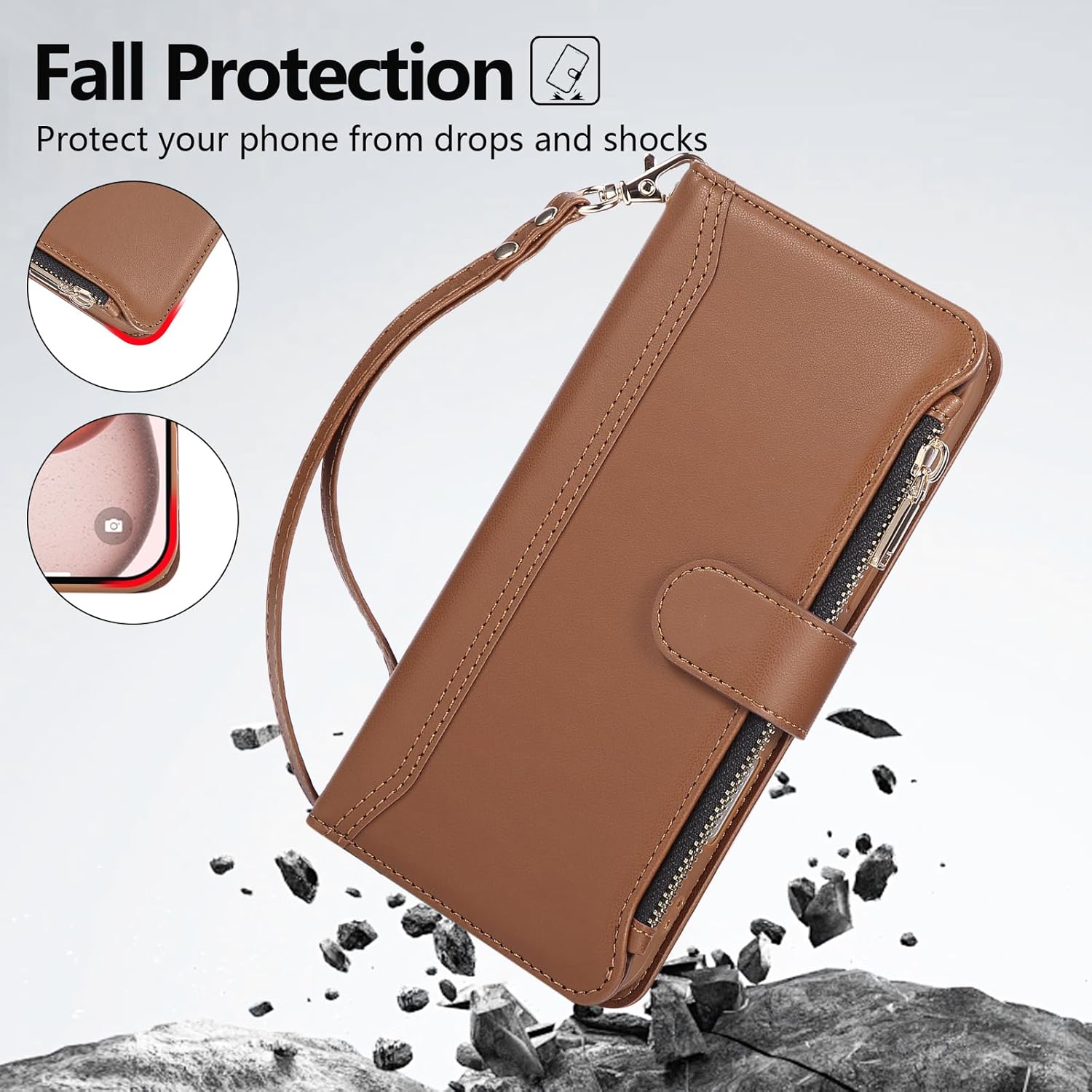 Compatible with iPhone 15 Pro Max Wallet Phone Case-PU Leather Magnetic Flip Cover with Credit Card Slots,Zipper Pocket & Detachable Wrist Strap,Shockproof Design,for Women and Men-Brown