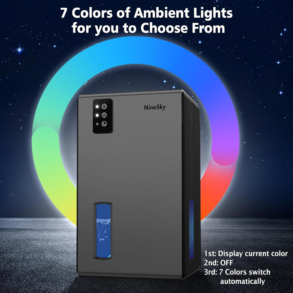 NineSky Dehumidifiers for Home, 95 OZ Water Tank, (1000 sq.ft) Dehumidifiers for Bathroom Bedroom Basement with Auto Shut Off,7 Colors LED Light(Gray)