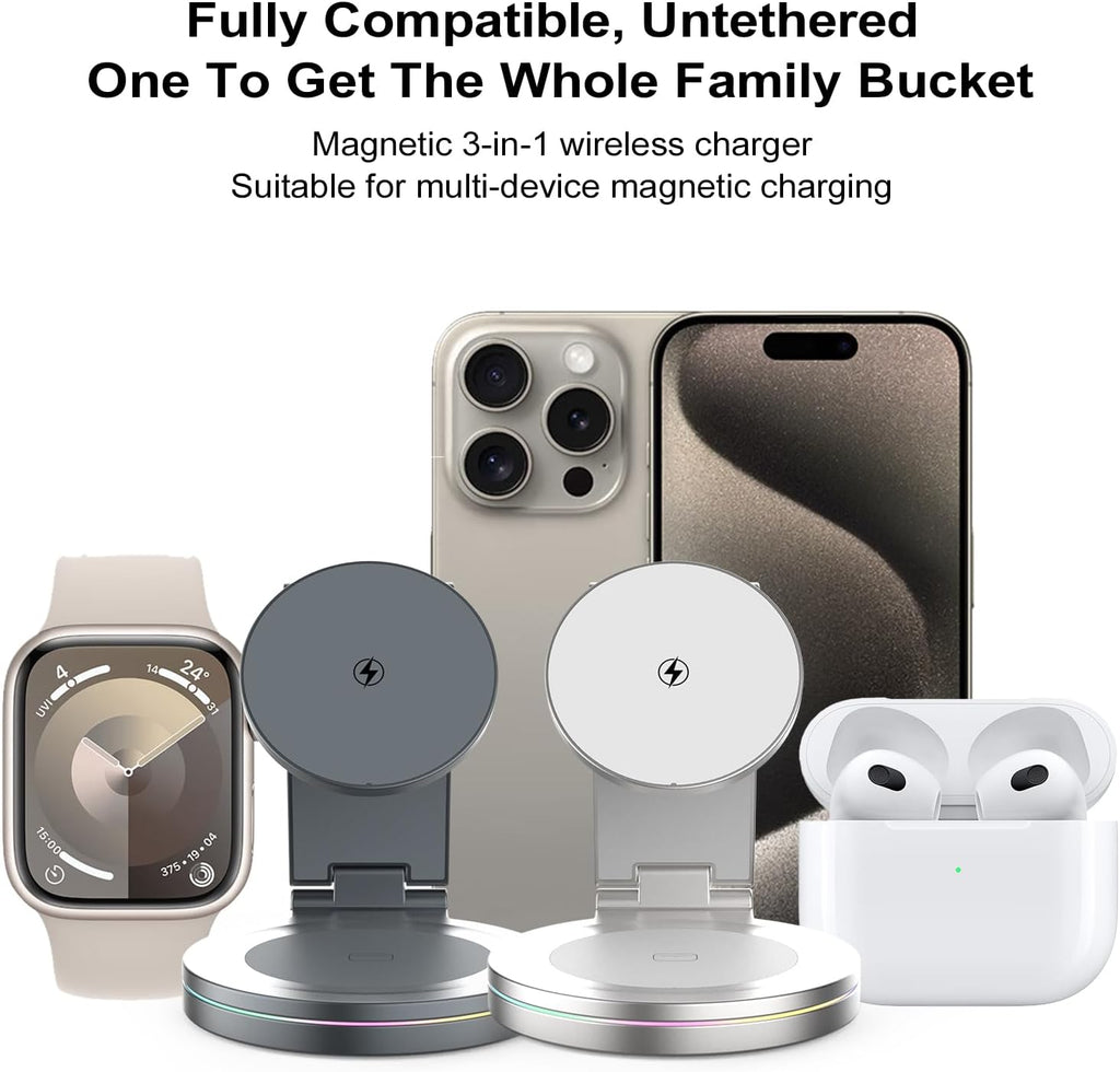 Foldable 360º Rotatable Zinc Alloy 3-in-1 Magnetic Wireless Charger, Charging Station, Charging Stand,15W for iPhone 12-16,5W for Apple Watches,AirPods(Adapter Included) (Black)