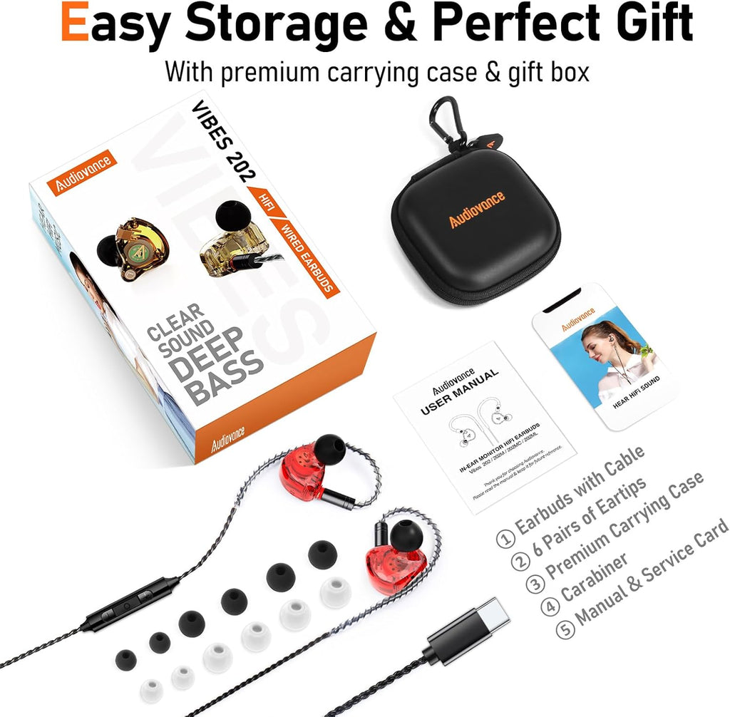 Vibes 202MC USB-C Wired Earbuds - HiFi in Ear Headphones - USBC for iPhone 16/15 - Noise-Isolating Ear Buds w/ Mic - Clear Sound, Deep Bass & Comfort-Fit Earphones - Silver Plated Cord, Carrying Case