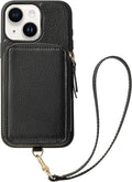 ZVE Wallet Case for iPhone 15, Phone Case Wallet with Card Holder Wrist Strap Compatible iPhone 15, RFID Blocking Zipper Faux Leather Cover for Women Gift for iPhone 15, 6.1"(2023) - Black