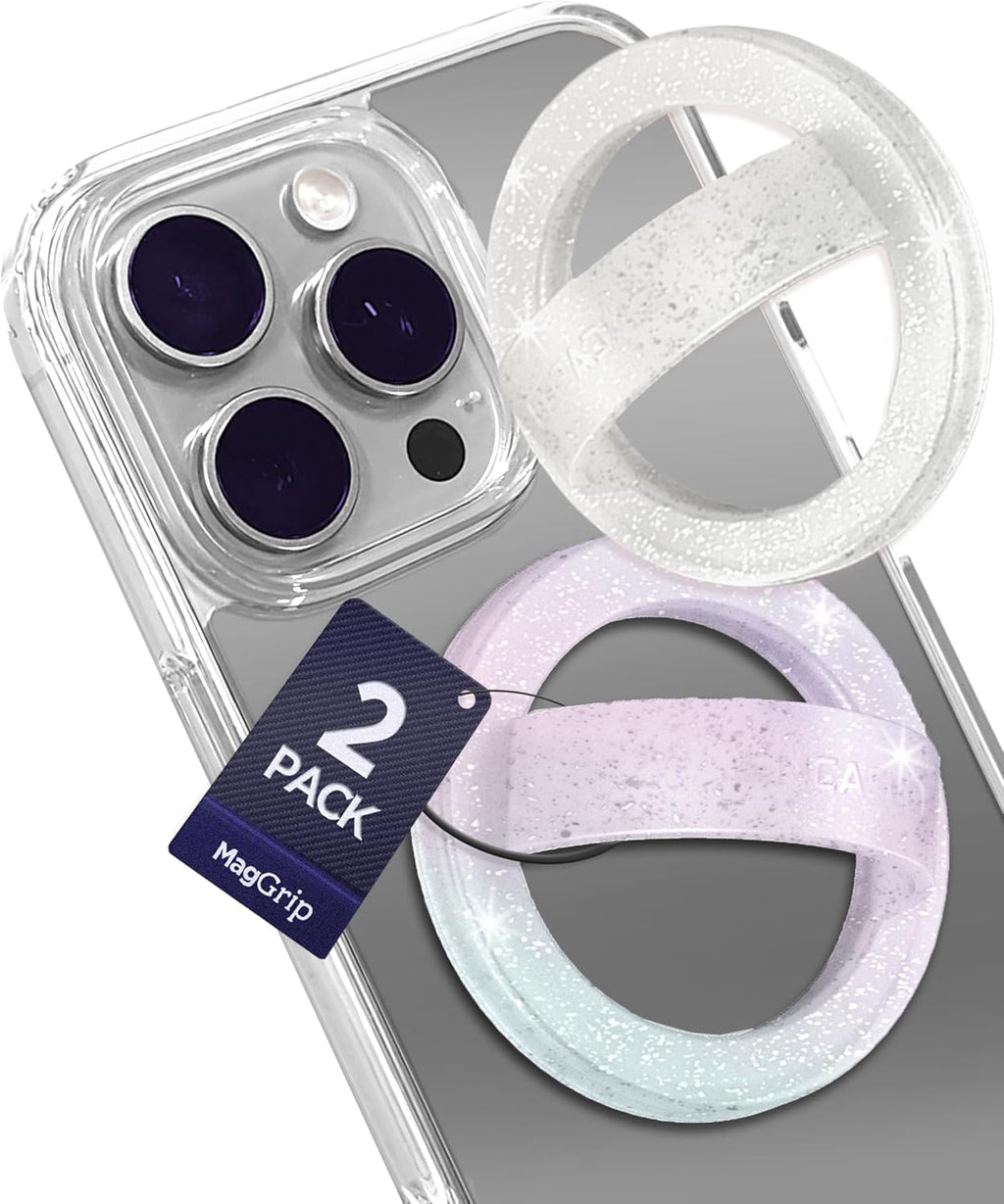 2-Pack Magnetic Phone Grip Holders Compatible with MagSafe, Soft-Touch Silicone Finger Loops for iPhone, Comfortable and Secure Fit (Clear Sparkle & Gradient Dream)