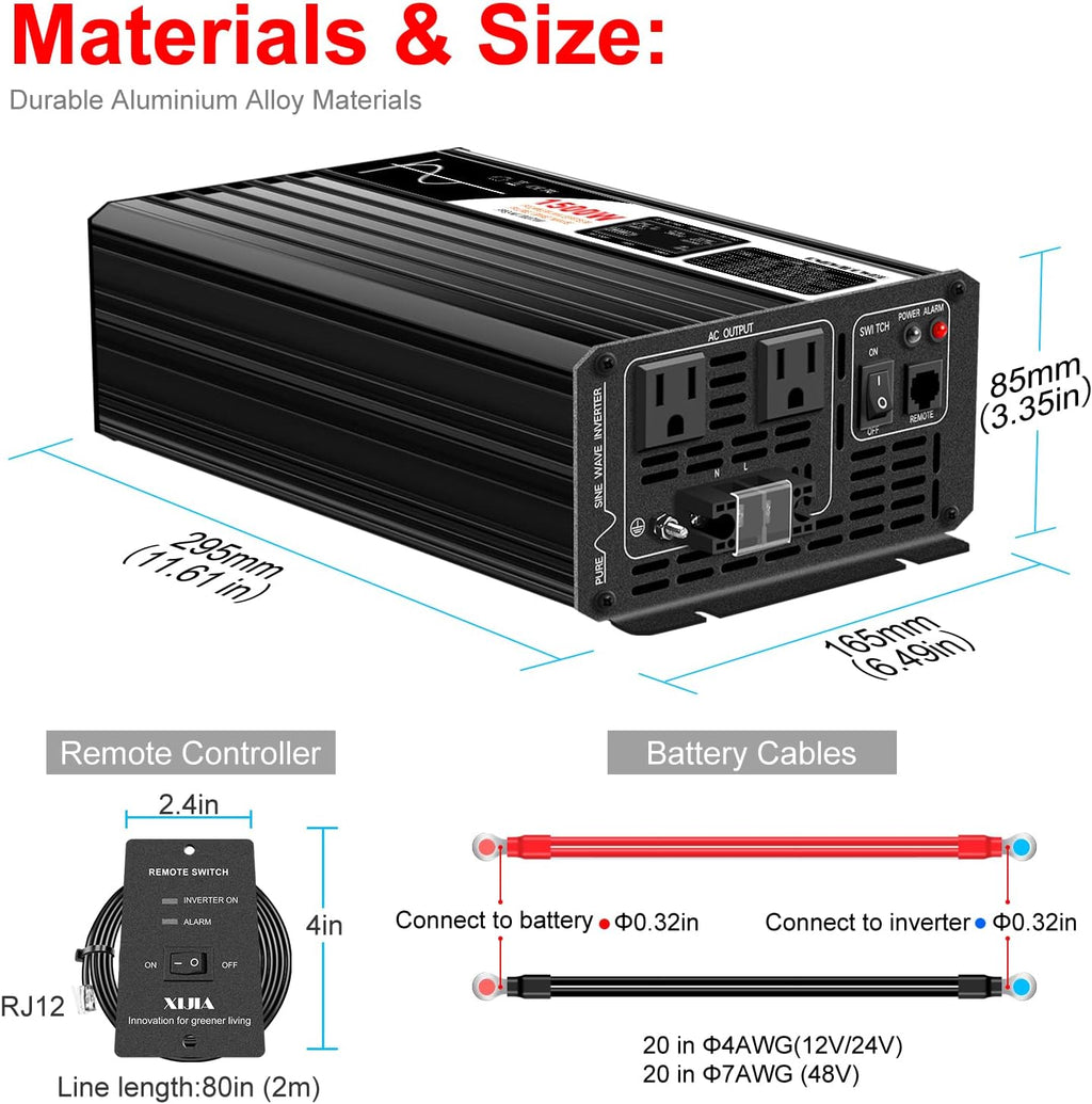 Xijia 1500W(Peak Power 3000W) Pure Sine Wave LCD-Display Solar Power DC 12V Inverter AC 120V 60HZ Solar Converter for Home Use car (DC12V (Range 10V-15V) 1500W