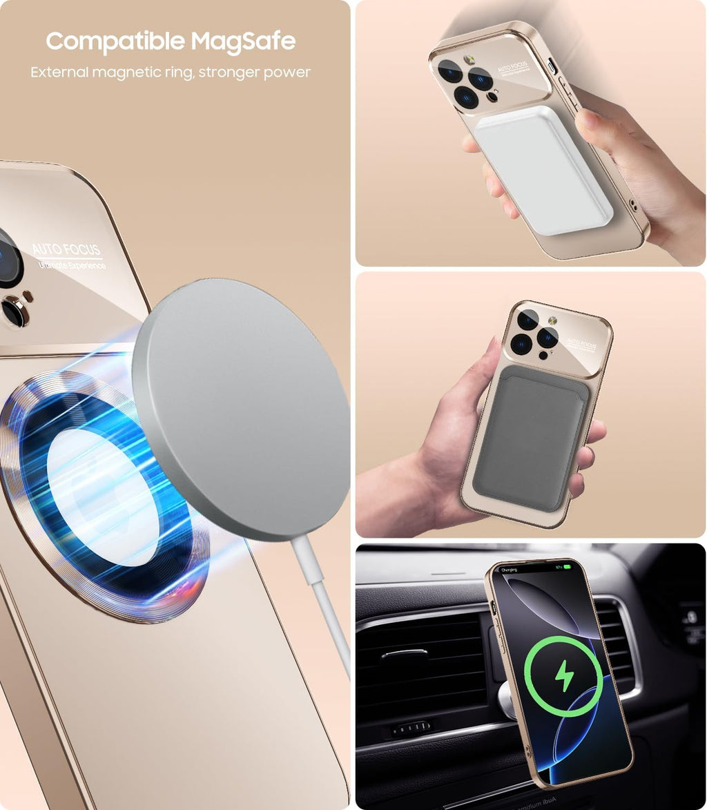 Magnetic for iPhone 16 Pro Case, Compatible with MagSafe, Built-in Camera Lens Protector, Logo View, Military Grade Drop Protection Phone Cover, Desert Titanium