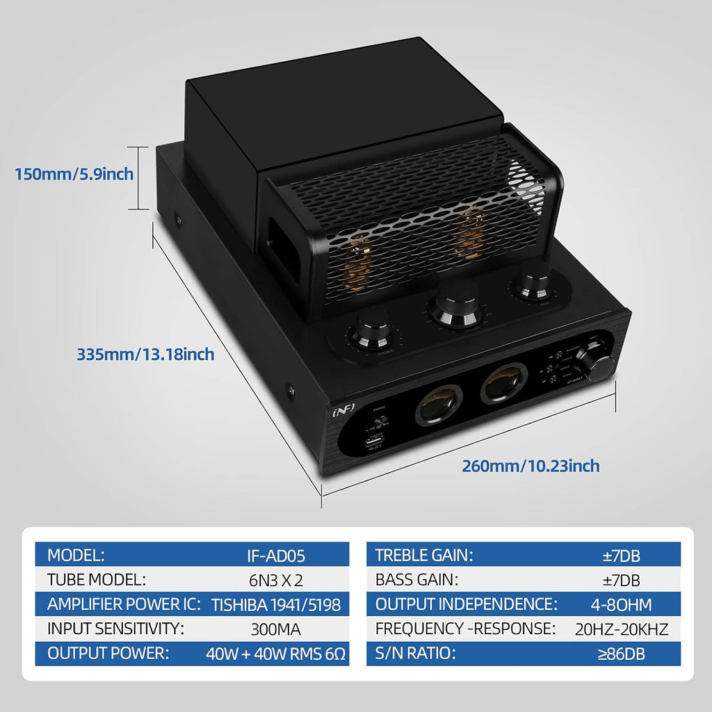 INFI Audio Hybrid Class AB Tube Amplifier 6N3 Power Amp with Bluetooth Home Audio HiFi Stereo Receiver Integrated Amp AUX Bluetooth USB Charger Optical Coaxial Sub-Out
