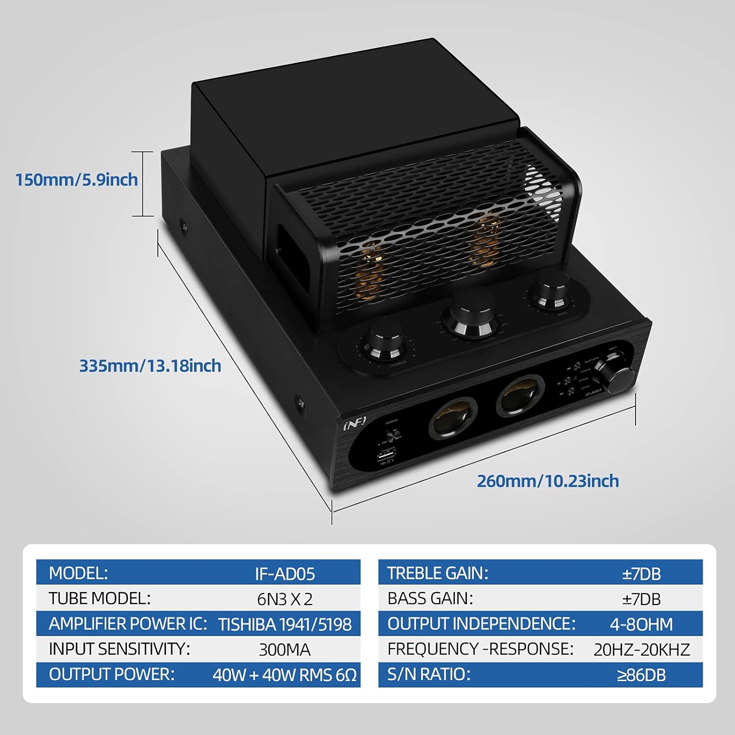 INFI Audio Hybrid Class AB Tube Amplifier 6N3 Power Amp with Bluetooth Home Audio HiFi Stereo Receiver Integrated Amp AUX Bluetooth USB Charger Optical Coaxial Sub-Out