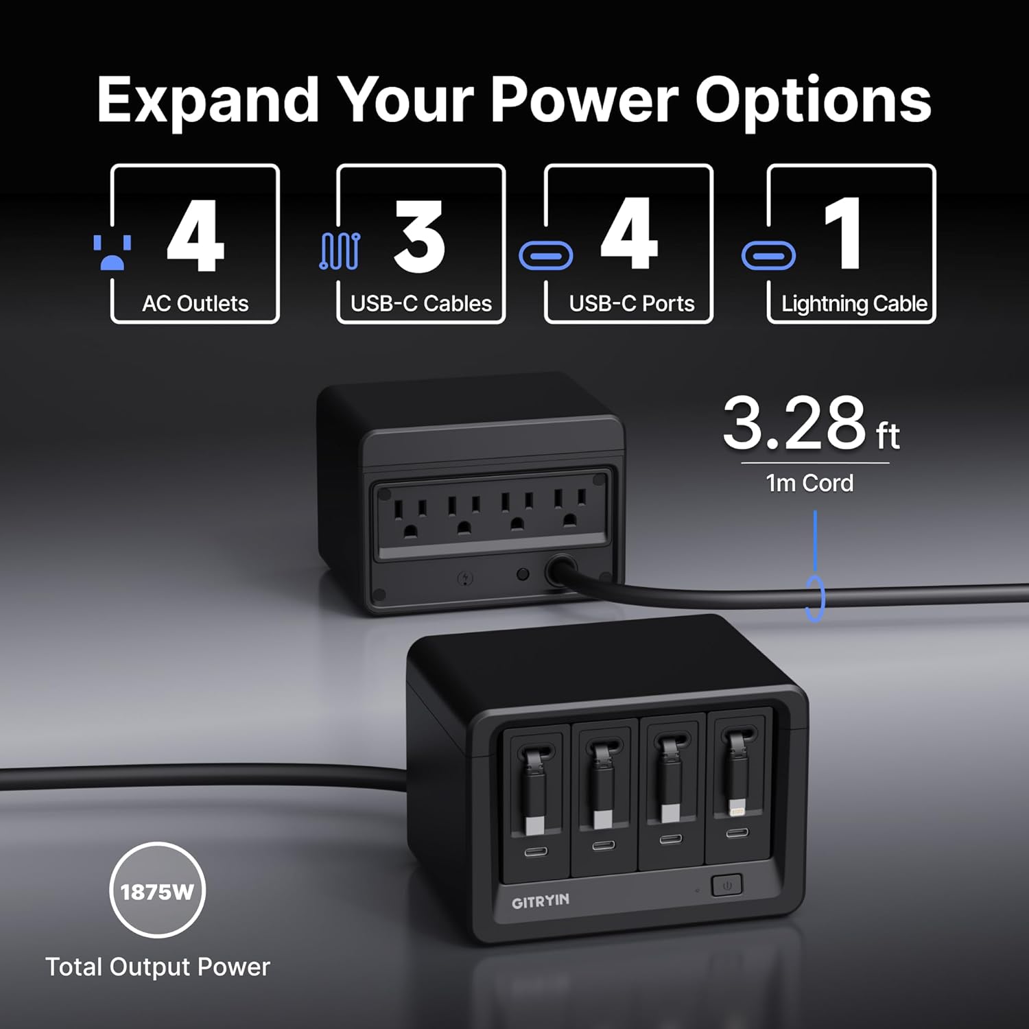 Gitryin 12-in-1 Desktop Charging Station with 3 Retractable Type-C Chargers and 1 Lightning Charger, 40W USB-C Power Strip with Flat Plug, Extension Cord with 1020J Surge Protection for Home Office