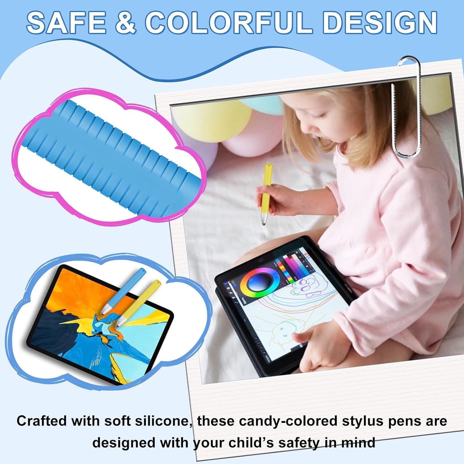 2pcs Kid-Friendly Stylus Pens for Touch Screens, Tablet Stylus Pen with Spring Cord Universal Touch Screen Capacitive Crayon Stylus Blue Yellow