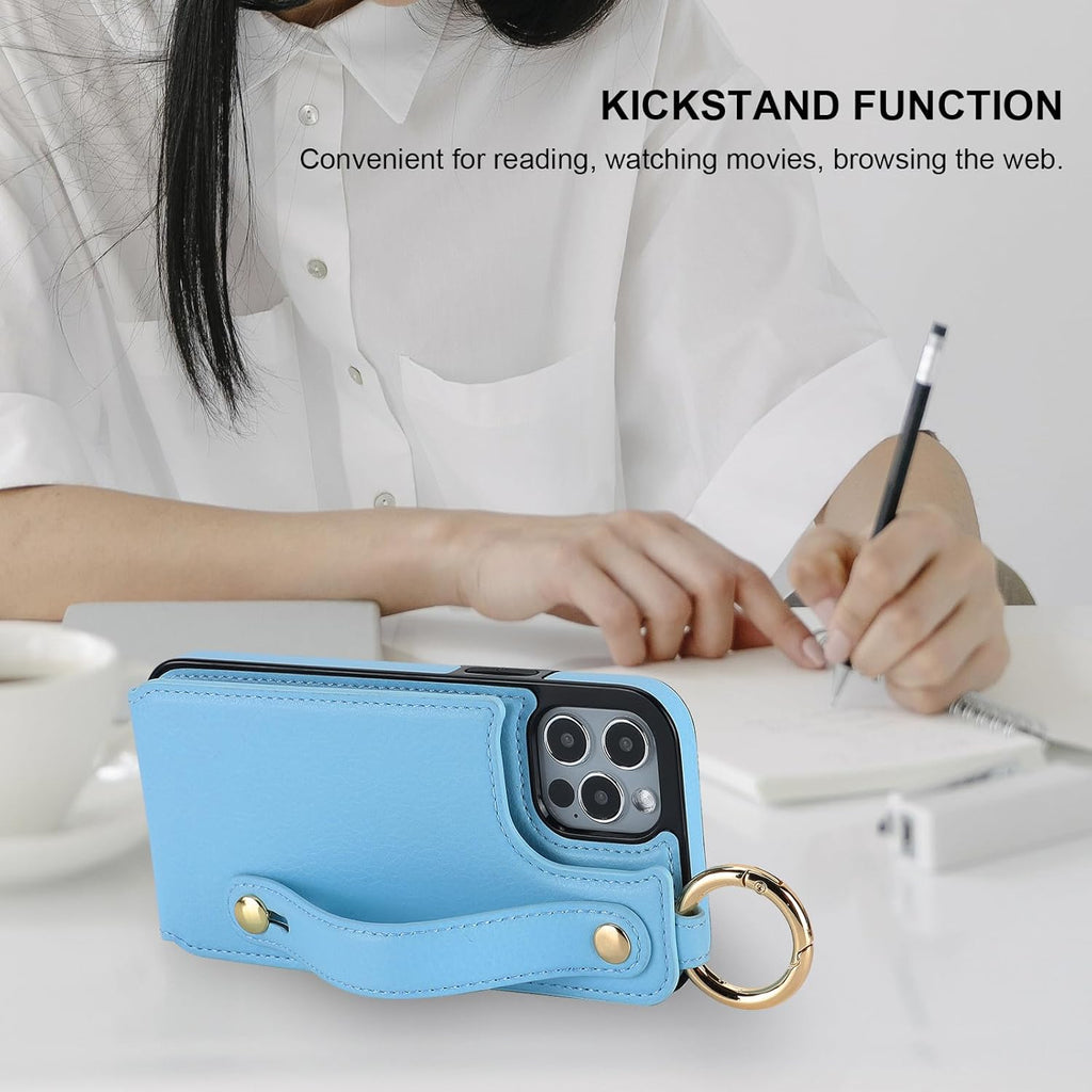 Folosu for iPhone 12/12 Pro Wallet Case with Card Holder, Hand Wrist Strap Loop Holder Kickstand, RFID Blocking Finger Grip Ring PU Leather Double Buttons Shockproof Cover 6.1" Blue