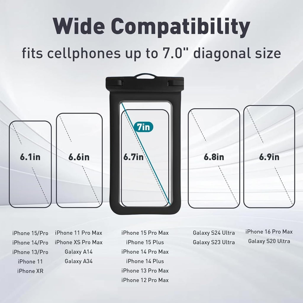 Floatable Waterproof Phone Pouch Case 2 pax for iPhone 16 Pro Max/15/14/13/12, IP68 Travel Cellphone Dry Bag Beach Cruise Ship Essentials Bags with Crossbody Lanyard,Black and White-7″