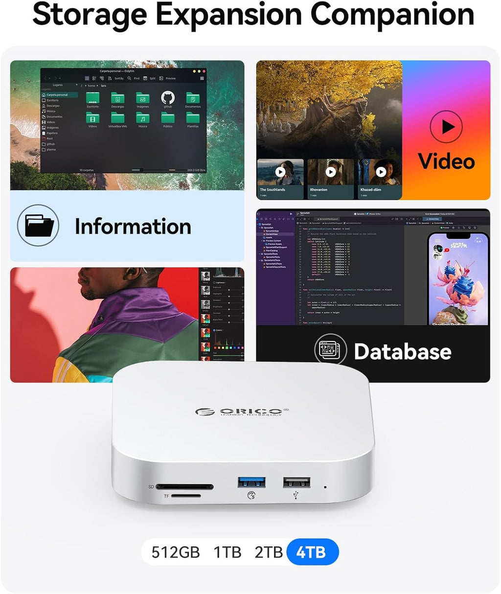 ORICO MiniMate SE Mac mini M4 4TB Storage & Docking Station, External SATA SSD (Non-Removable) 5Gbps(480MB/s), USB A*4, USB-C, SD/TF 3.0, 3.5mm Audio, Includes 2 Cables – M4SE