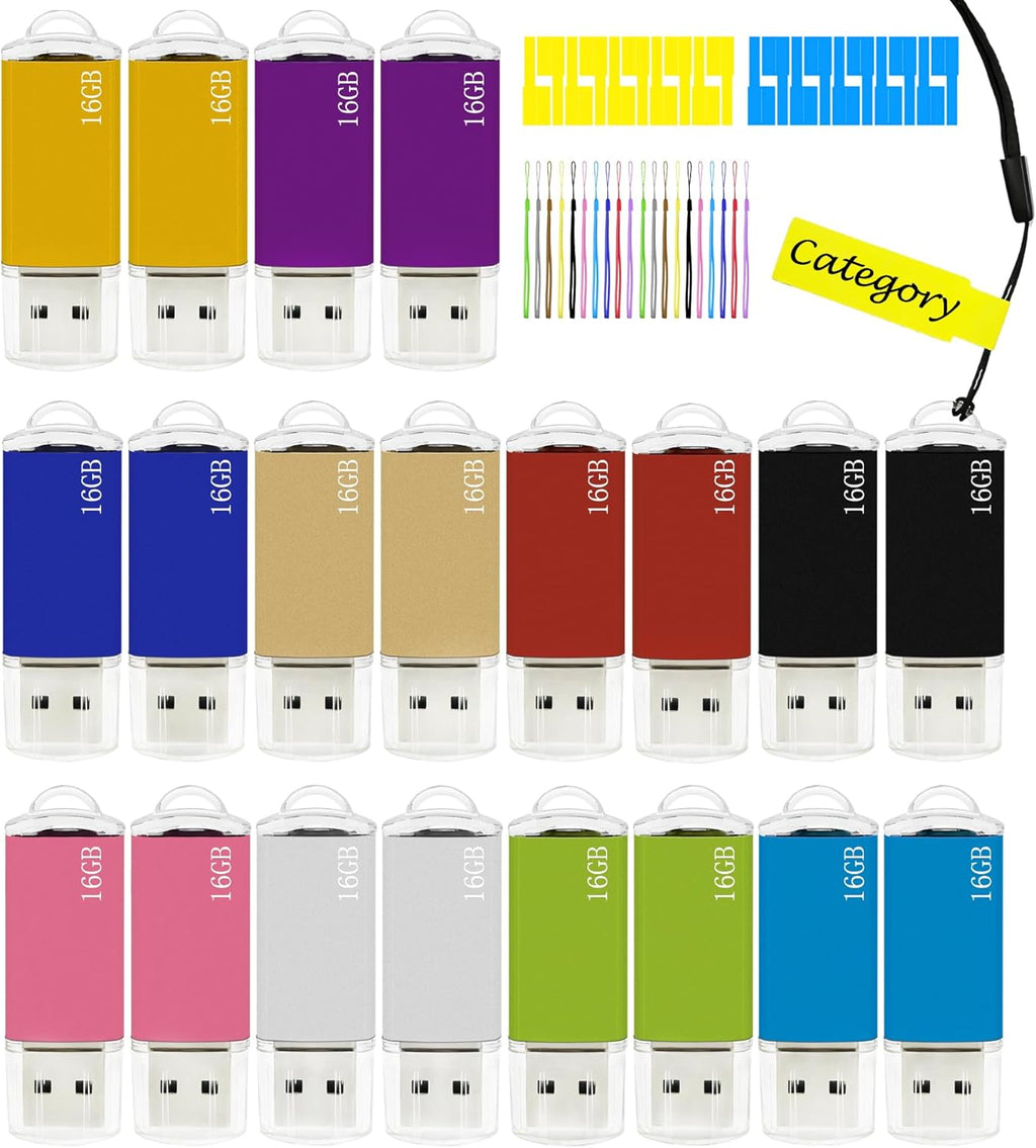 16GB FAT32 USB Flash Drive 20 Pack Nicepicten USB 2.0 Thumb Drives 20Pack Metal Jump Zip Drive Memory Stick Pendrive Memoria USB 16 GB with 20PCS Lanyard Label - Mixcolor 20 X 16GB Flash Drives