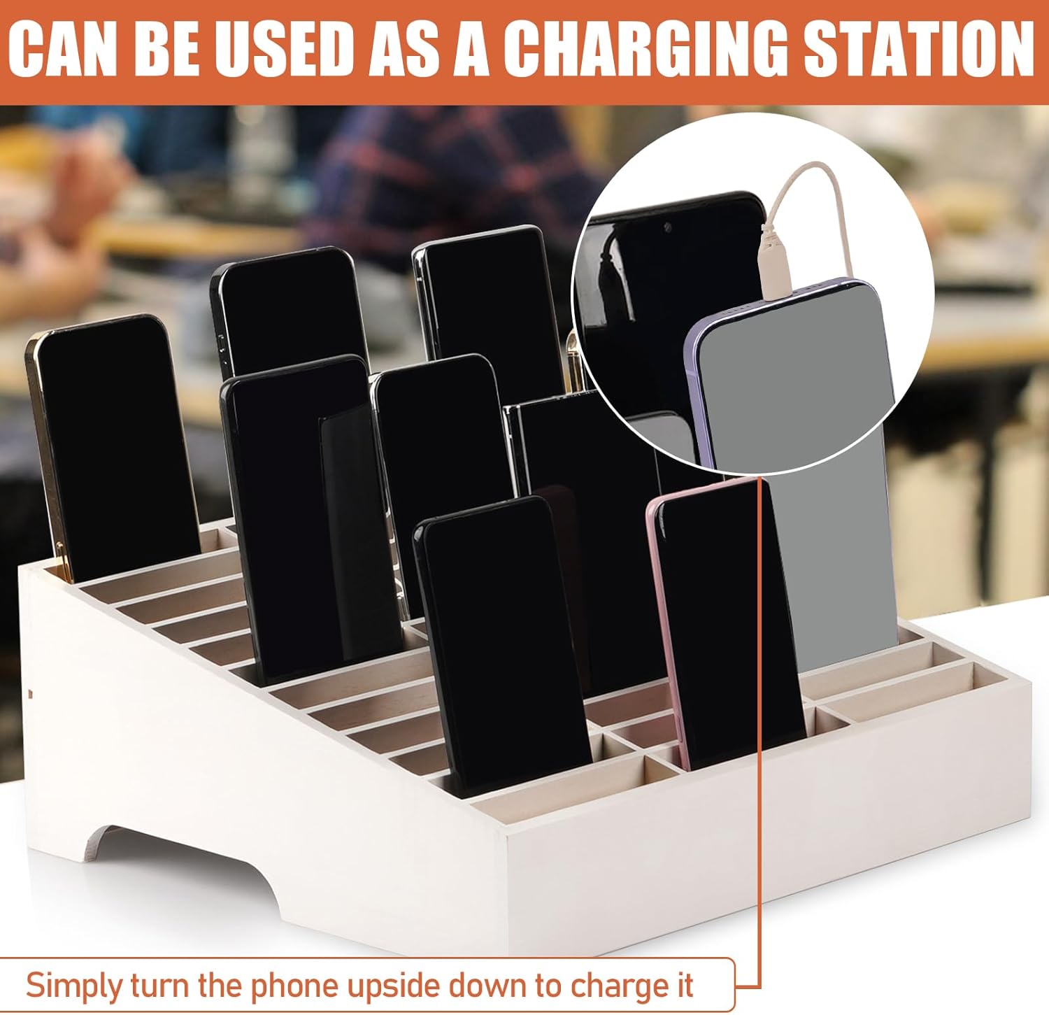 Wooden 36-Grid Cell Phones Storage Box Desktop Mobile Phone Holder Organizer for Office School Classroom (36-Grid White)
