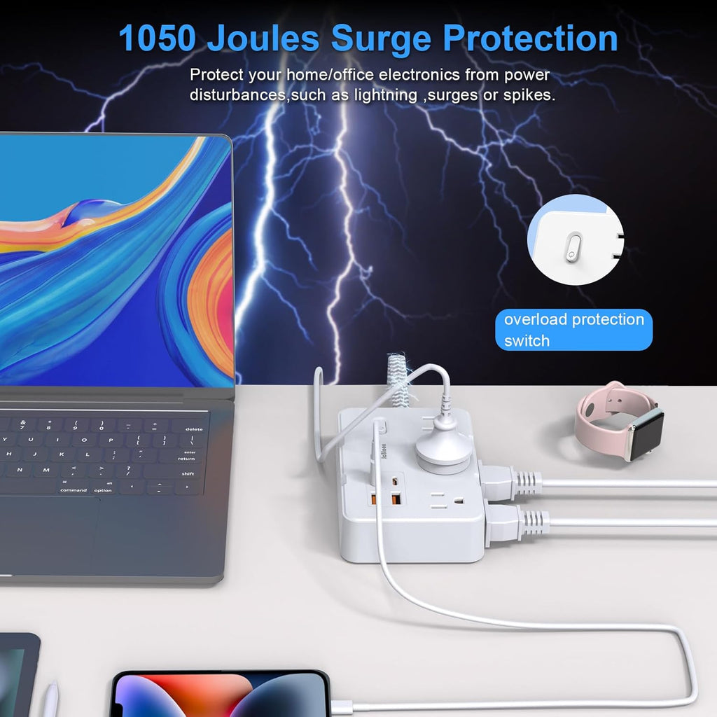 Surge Protector Power Strip 10 Ft Cord, Ultra Thin Flat Extension Cord with 6 Outlets 4 USB Ports(2 USB C), Flat Plug Power Strip, Braided Power Cord for College Dorm Room Essentials