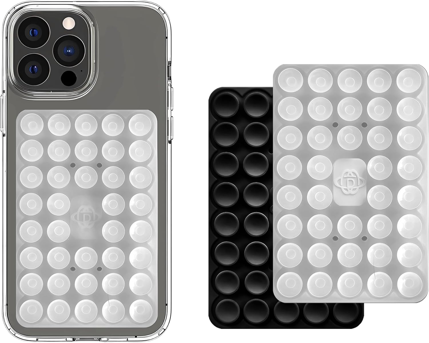 Silicone Double-Sided Suction Phone Grip Detachable Mount - Car Dashboard/Shower Phone Holder, Hands-Free For Selfies & Videos, ASMR- iphone & Android Compatible (Large, Black+Transparent)