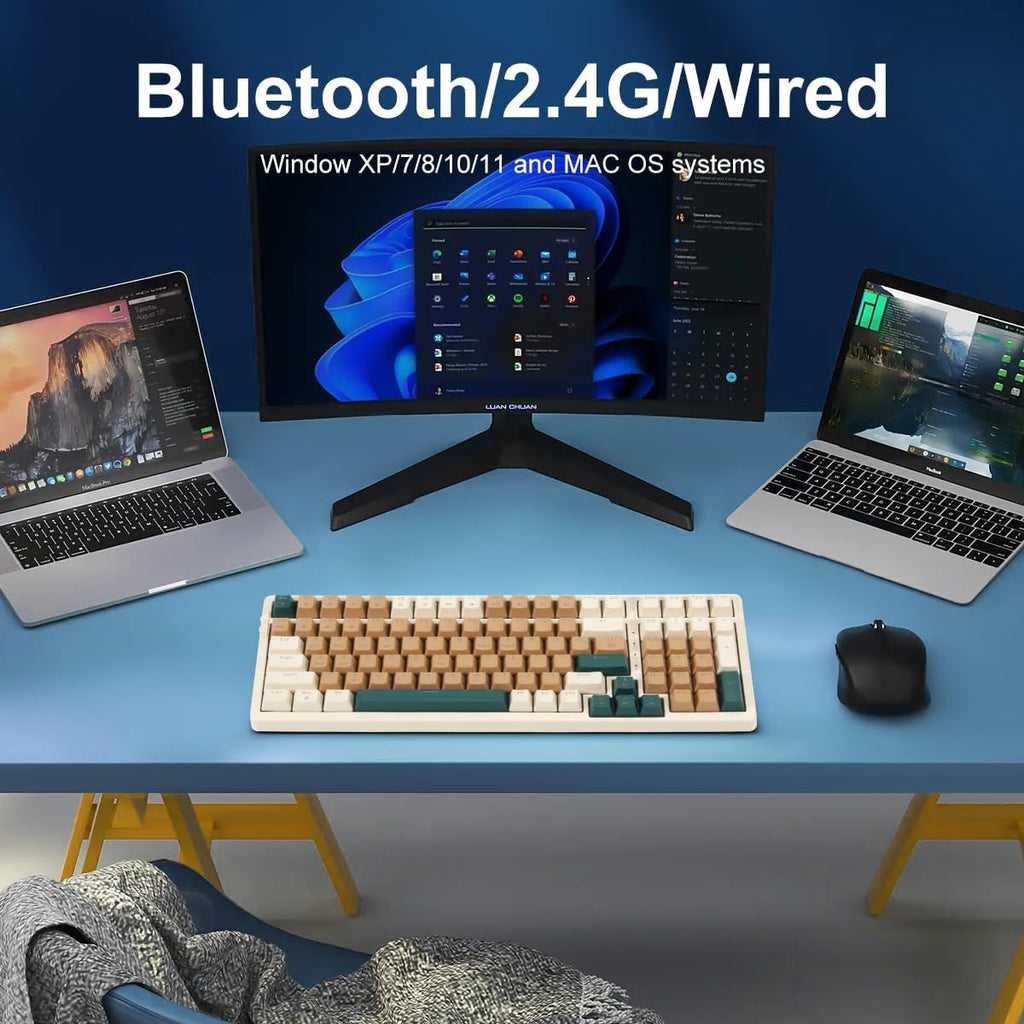 Wireless Mechanical Keyboard, Triple Mode 2.4G/USB-C/BT Gaming Keyboards 100 Keys Backlit Red Switch Keyboard | Rechargeable Mechanical Gaming Keyboards (Brown Combo Red Switch)