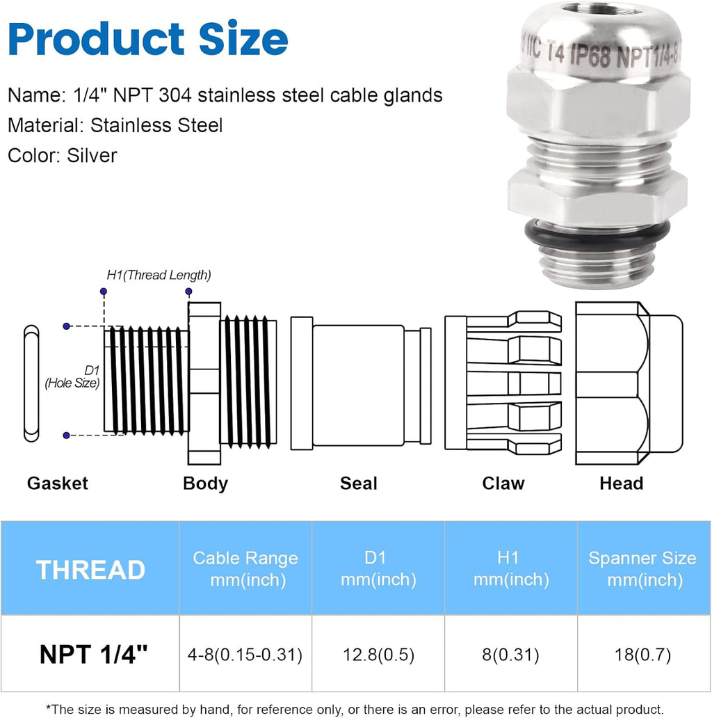 2 Pcs 1/4" NPT Stainless Steel Waterproof Cable Gland, IP68 Waterproof Adjustable Cable Glands, Strain Relief Cord Grip Connectors with Gaskets and Locknut for 4-8mm Cable Diameter