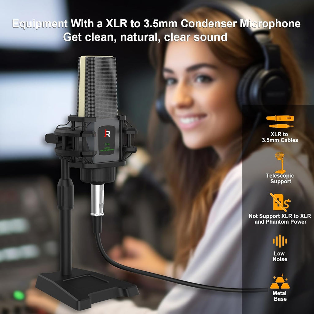 RHM Podcast Equipment Bundle, All-in-One Audio Interface DJ Mixer with Microphone, Stand, Monitor Earphone, Audio Mixer With Sound card for PC/Laptop/Phone, Streaming/Podcasting/Gaming (M9 Set)