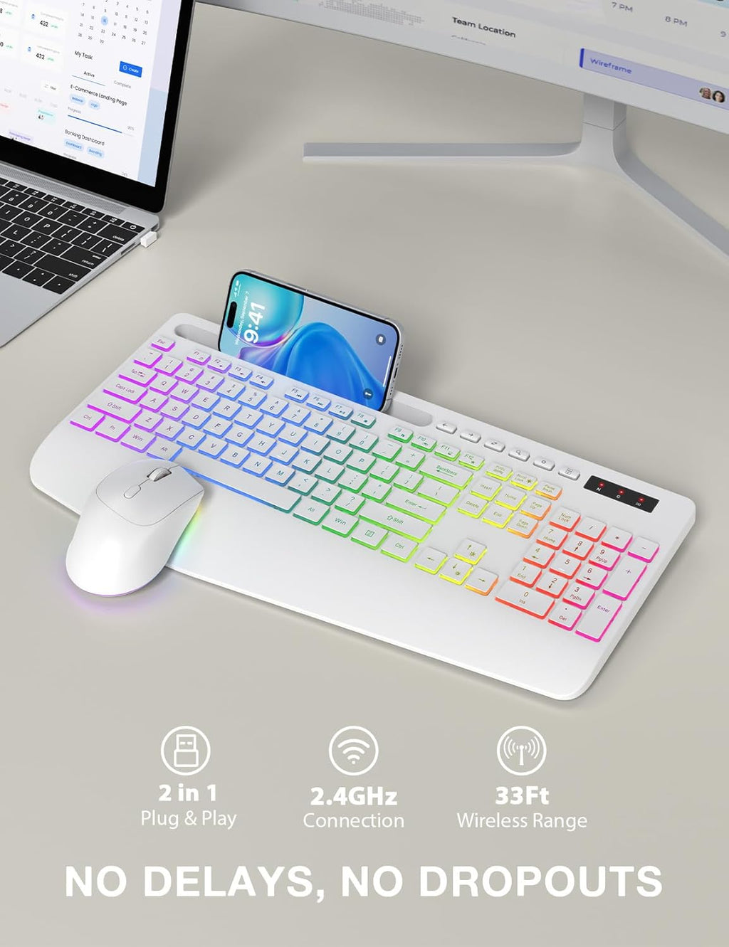 Wireless Keyboard and Mouse Backlits, Wrist Rest, LED Mouse, Rechargeable Ergonomic Keyboard with Phone Holder, Silent Light Up Combo for Computer, Mac, PC, Laptop, Chromebook (White)