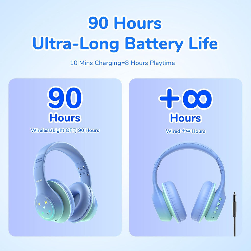 EarFun K4 Kids Bluetooth Headphones, Wireless Headphones with LED Lights, 74/85/94dBA Volume Limited, Built-in Mic, 90H Playtime, Bluetooth 5.4 Over Ear Headphone for iPad/Tablet/PC/School (Green)