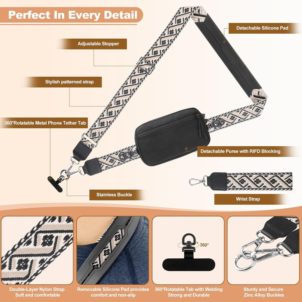 Clip and Go Strap for Phone with Wallet Crossbody, Adjustable Phone Lanyard with Detachable RFID Wristlet Wallet, Pattern Strap - Black (L)
