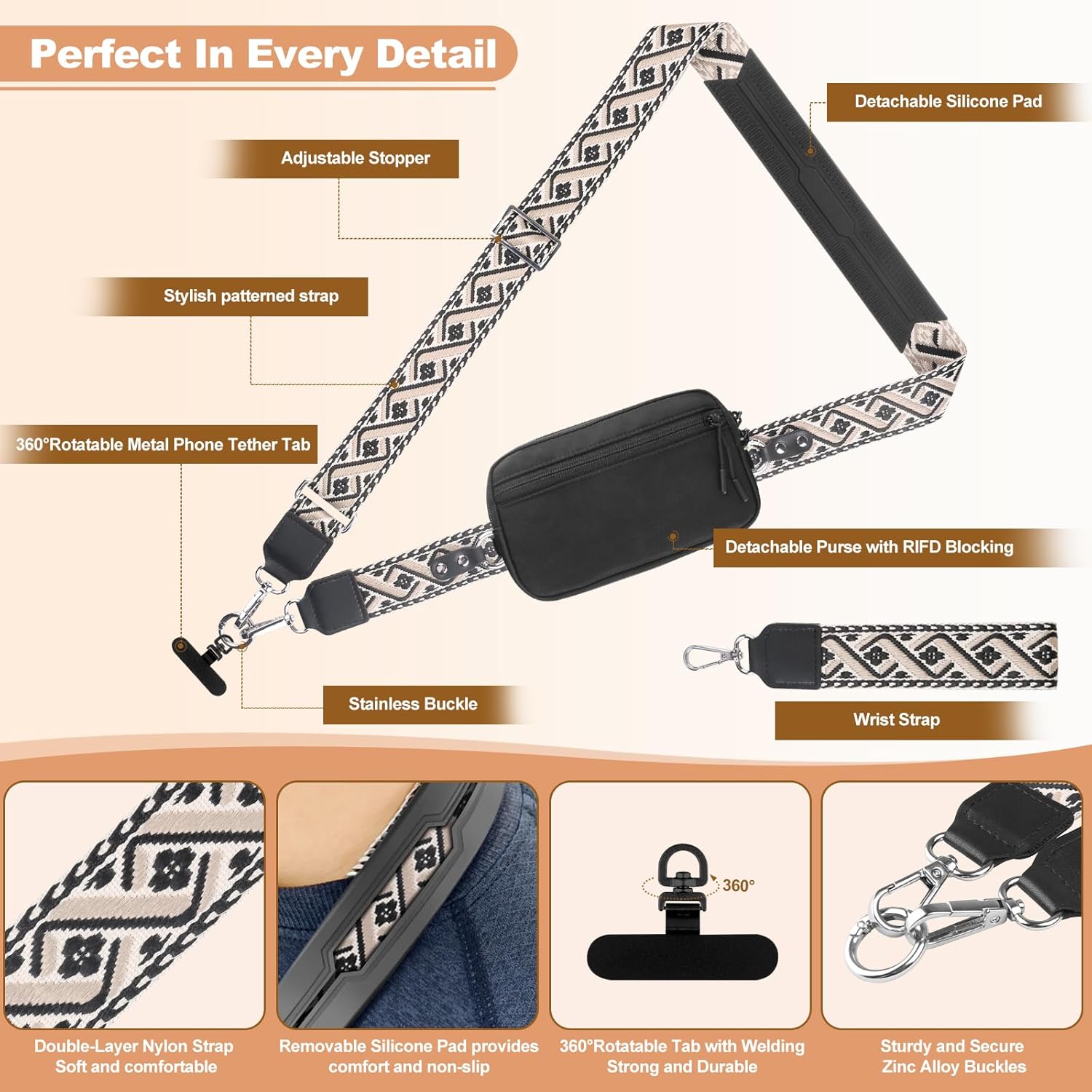 Clip and Go Strap for Phone with Wallet Crossbody, Adjustable Phone Lanyard with Detachable RFID Wristlet Wallet, Pattern Strap - Black (L)
