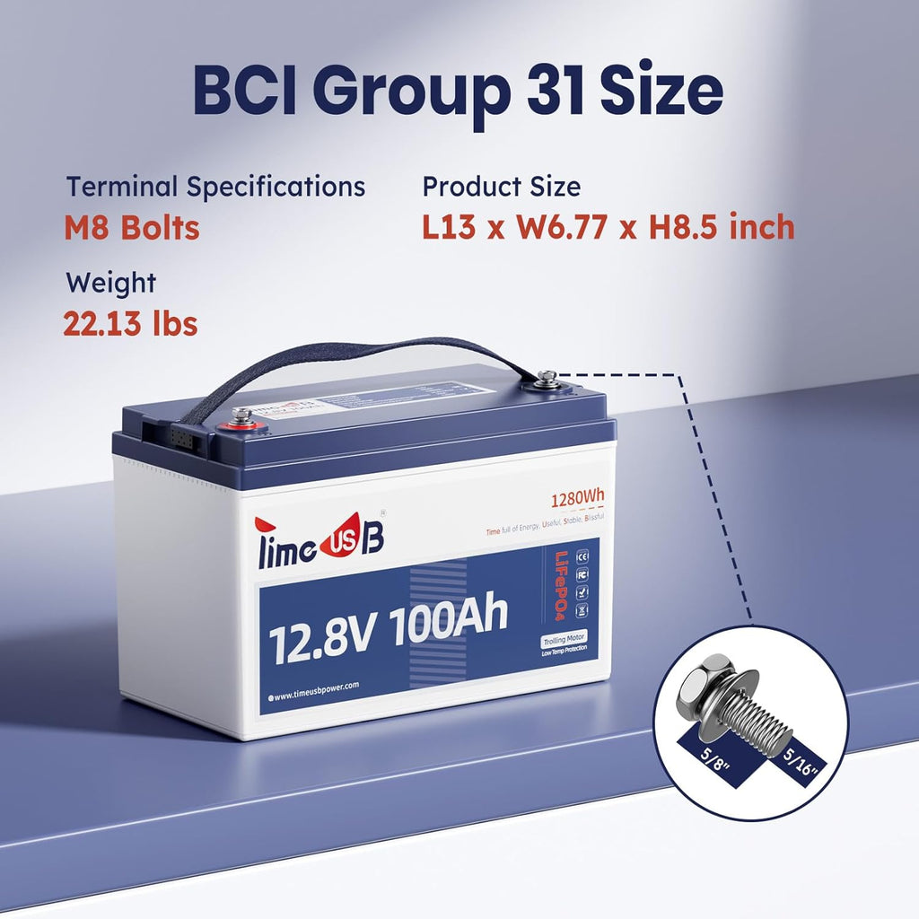 12.8V 100Ah TM LiFePO4 Battery with Low-temp Protection, Timeusb Group 31 Lithium Battery, Up to 15000 Deep Cycles Battery for Trolling Motor, RV, Solar, Travel Trailer, Energy Storage- Off Grid