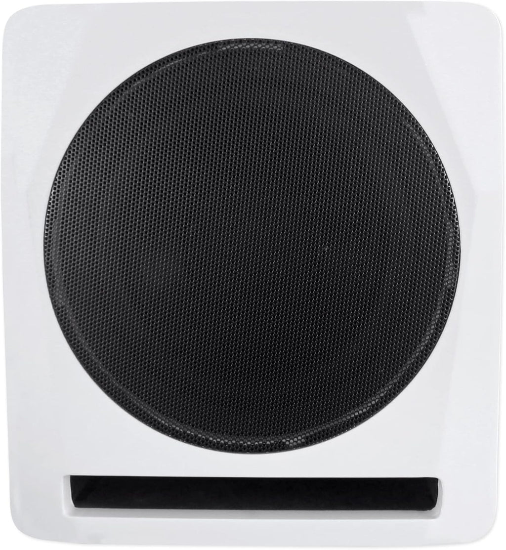 Rockville APM10W Active Studio Subwoofer in White, 10", 400W, MDF Wood, RCA/XLR/Optical, Front-Firing Port, Perfect for Studios and Music Production