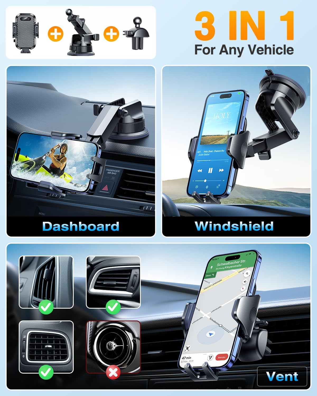 VANMASS [Pro Version] Universal Car Phone Mount [2025 Super Suction Cup] Phone Holder for Car, Cell Phone Car Mount for Windshield Dash Vent Truck Stand for iPhone 16 Pro Max 15 14 13 Samsung Android