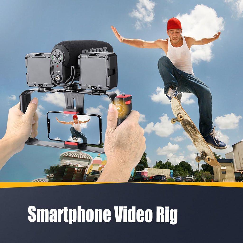 Zeadio Camera Handheld Stabilizer with Smartphone Video Cage Rig, Triple Cold-Shoe Handle Grip Compatible with All Camera Action Camera DSLR Smartphone