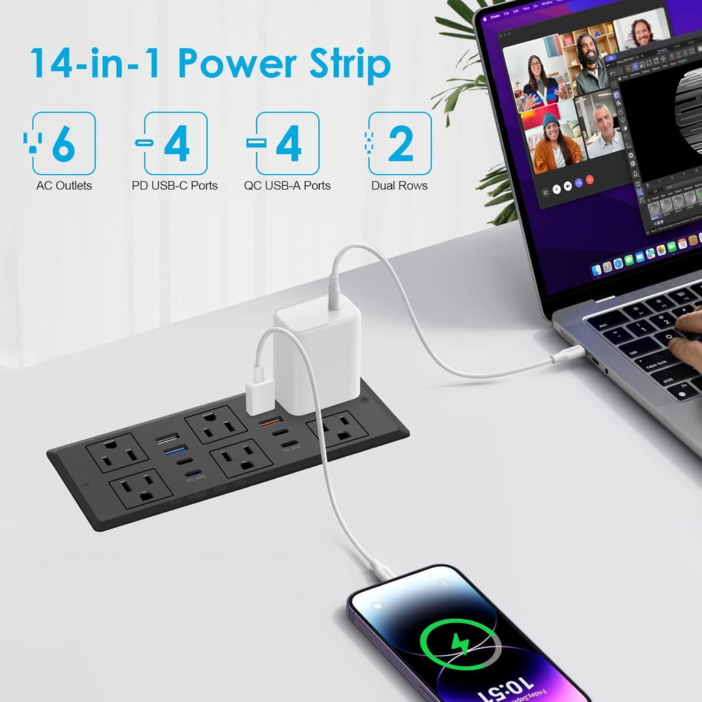 Recessed Power Strip with PD 30W Fast Charging, Conference Desk Flush Mount Outlets Plug in 6 Outlets & 8 USB Ports,3FT Cord Furniture Drawer Outlet Black