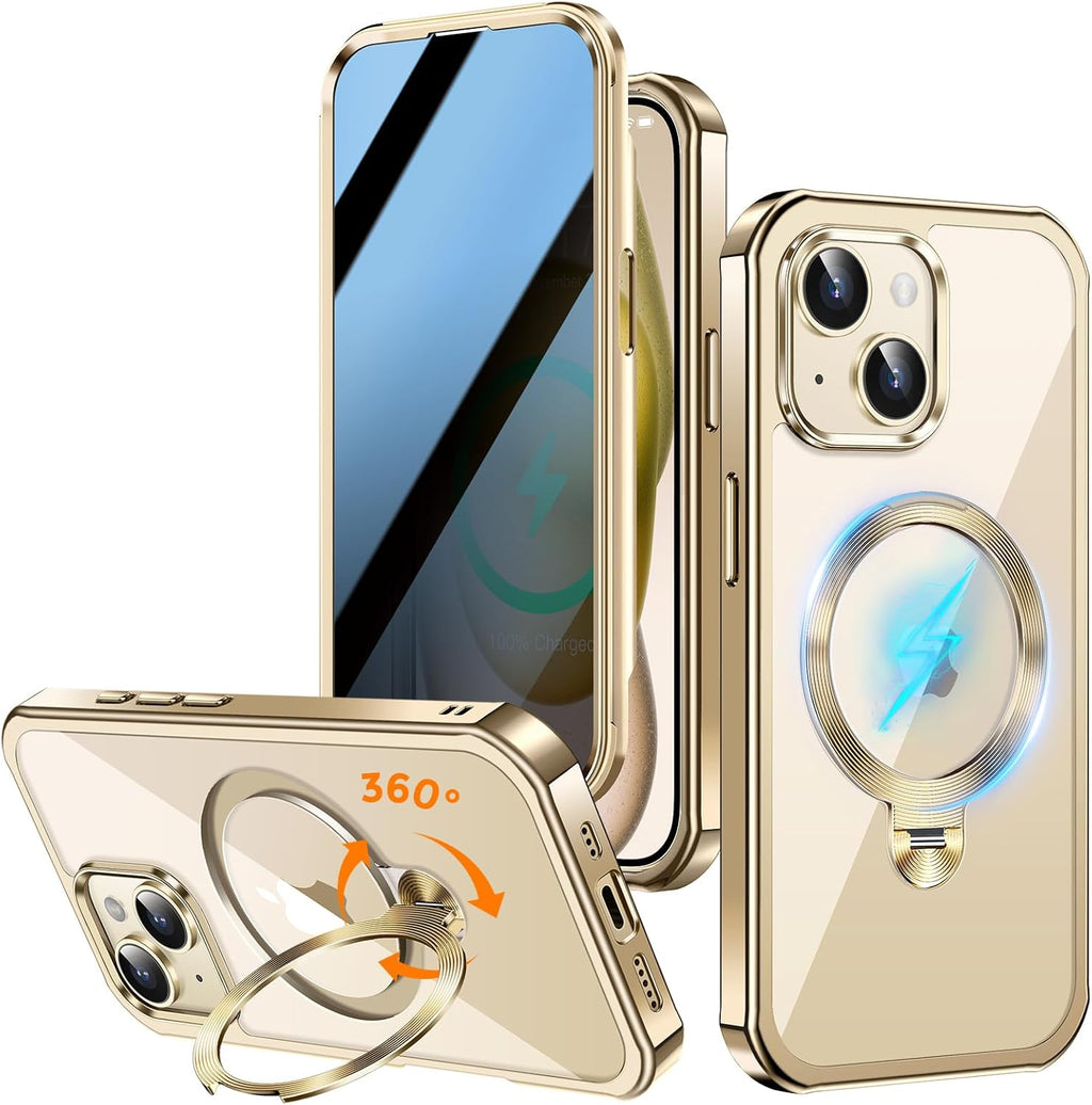 [360° Rotatable CD Stand & Built-in Privacy Screen Magnetic Case for iPhone 15 [Compatible with MagSafe & Full Signal] Mil-Grade Shockproof Full Body Anti-Spy Cover for 15-Gold
