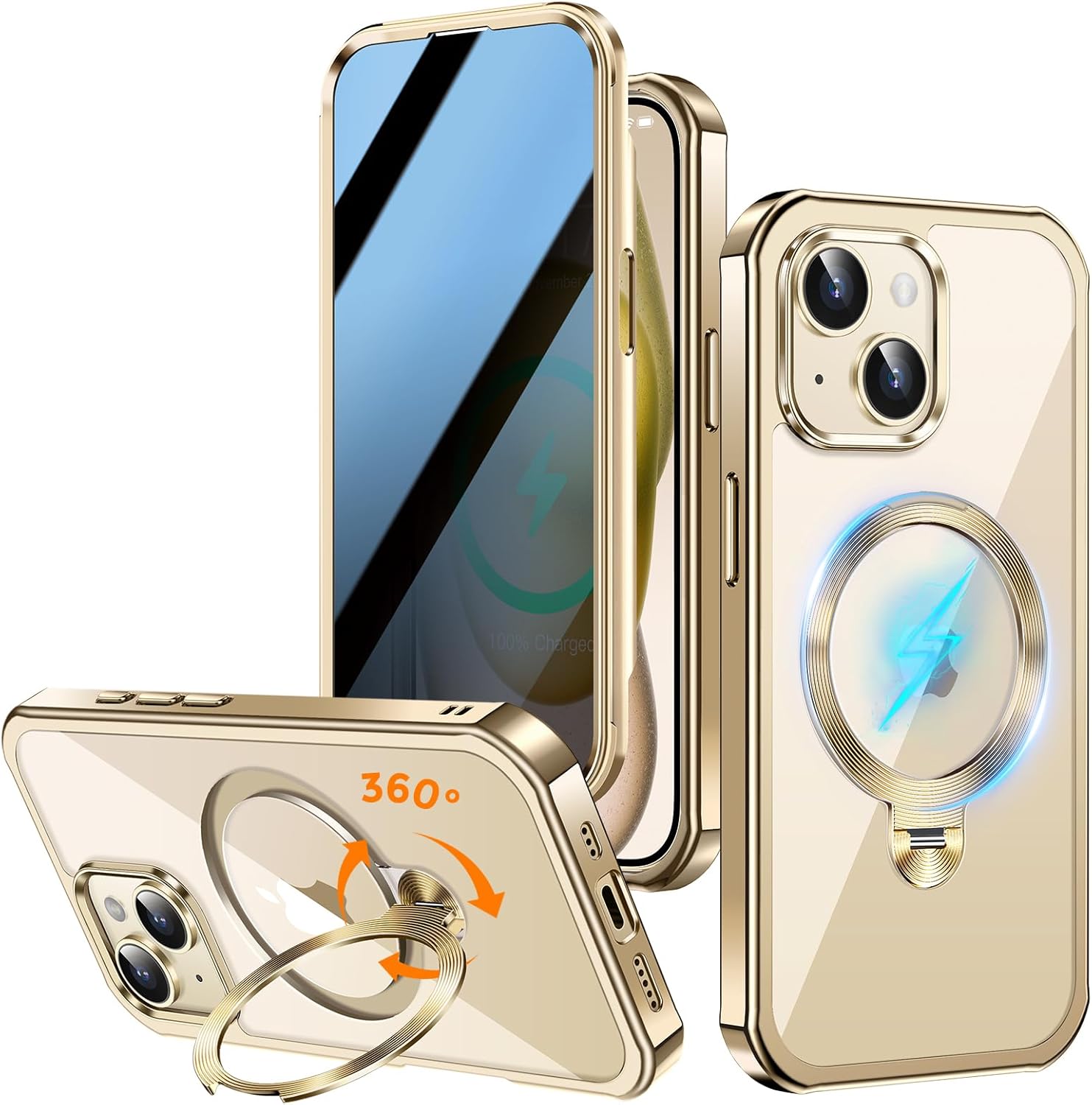 [360° Rotatable CD Stand & Built-in Privacy Screen Magnetic Case for iPhone 15 [Compatible with MagSafe & Full Signal] Mil-Grade Shockproof Full Body Anti-Spy Cover for 15-Gold