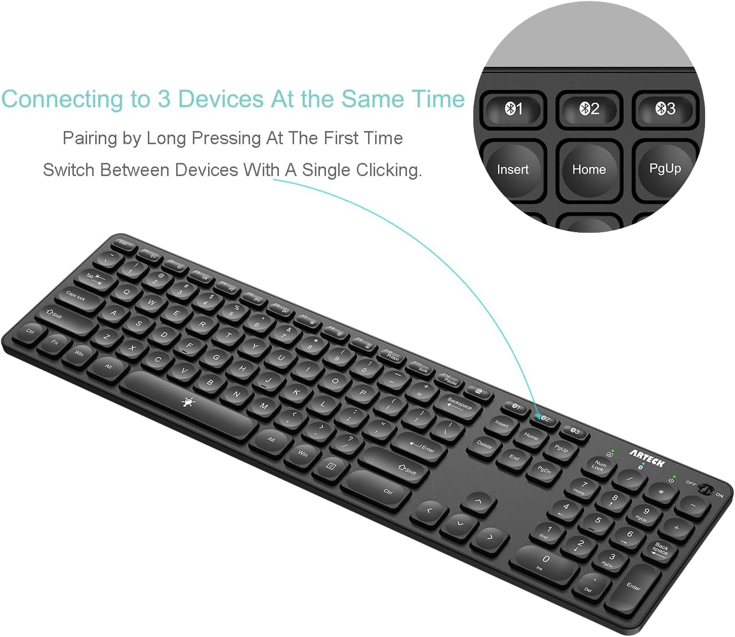 Arteck Universal Backlit 7-Colors & Adjustable Brightness Multi-Device Full Size Wireless Bluetooth Keyboard for Windows, iOS, iPad OS, Android, Computer Desktop Laptop Surface Tablet Smartphone