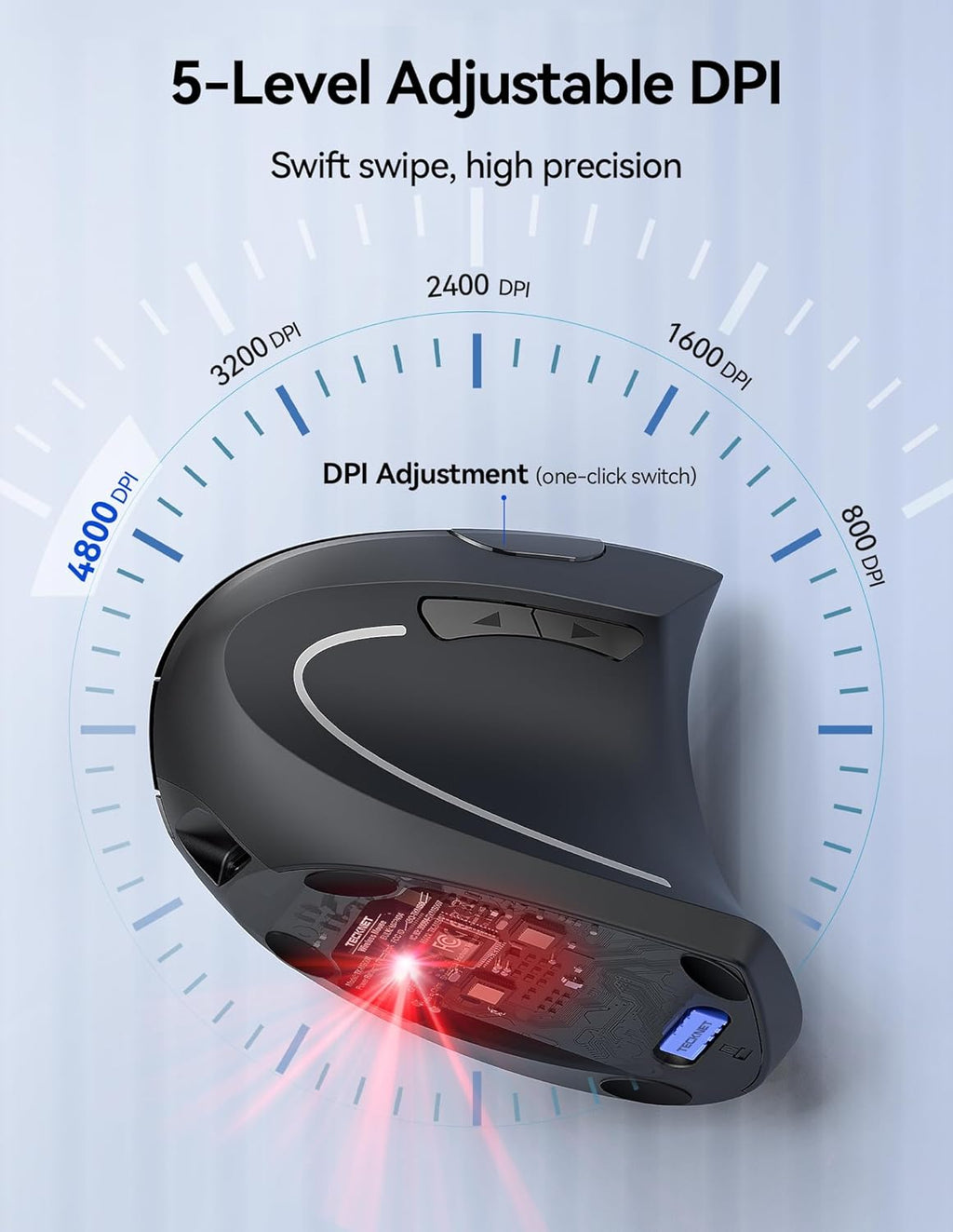 TECKNET Ergonomic Mouse Wireless, Rechargeable Mouse Wireless Silent for Carpal Tunnel Right Hand, 2.4GHz USB Vertical Mouse Wireless for Laptop, 5 Adjustable 4800 DPI, Computer, MacBook, Desktop
