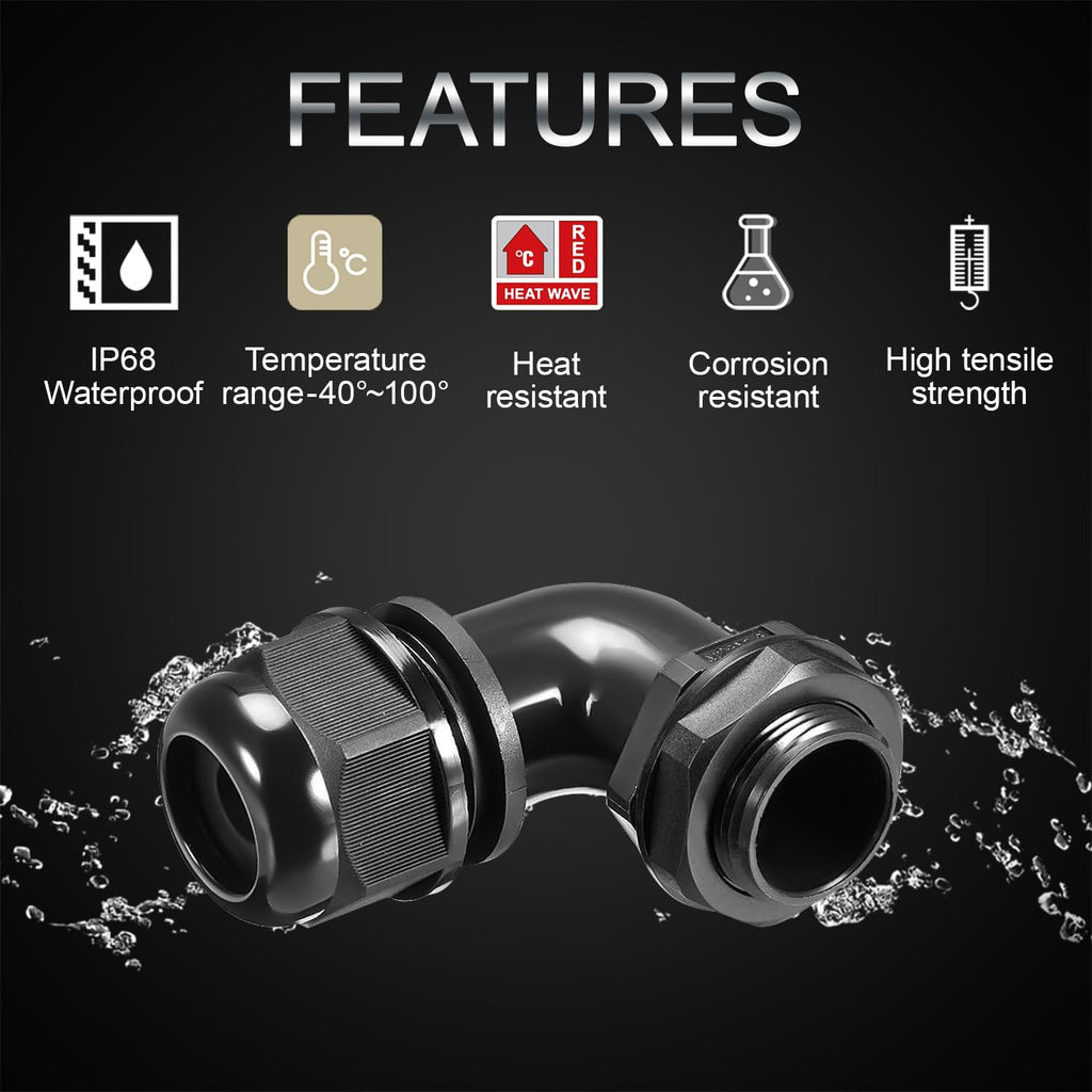 LeMotech M20 Cable Gland, 90 Degree Adjustable 9-14mm Strain Relief, Cord Connectors Nylon Joints with Gaskets, 6 Pcs, Black