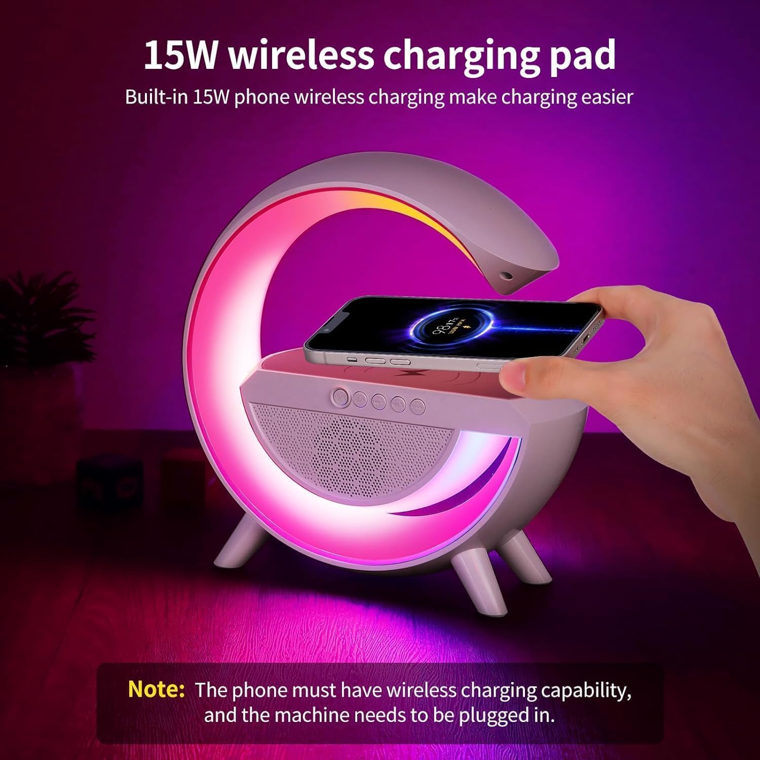 Table Lamp with Bluetooth Speaker, G Bedside Lamp with 15W Wireless Charger, Atmosphere Desk Lamp with Alarm Clock, RGB Bedside Nightstand Lamp, Hi-Fi Sound, Time Display