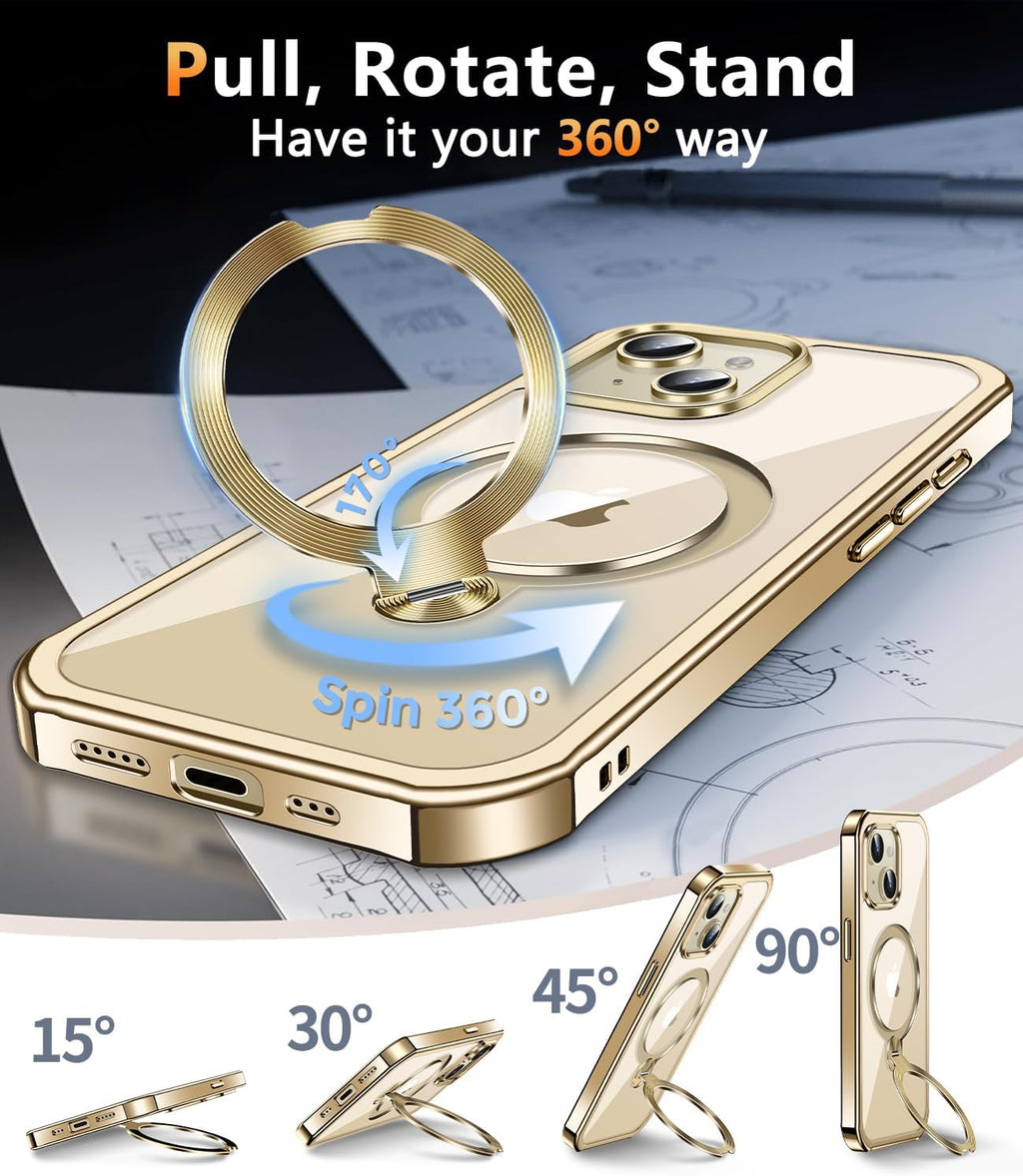[360° Rotatable CD Stand & Built-in Privacy Screen Magnetic Case for iPhone 13 [Compatible with MagSafe & Full Signal] Mil-Grade Shockproof Full Body Anti-Spy Cover for 13-Gold
