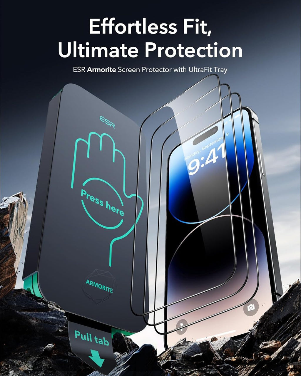 ESR 3 Pack 9H+ Glass for iPhone 14 Pro Screen Protector, [Military Grade Shatterproof & Longest Durable] Armorite Ultra-tough Full Coverage Tempered Glass with UltraFit Tray