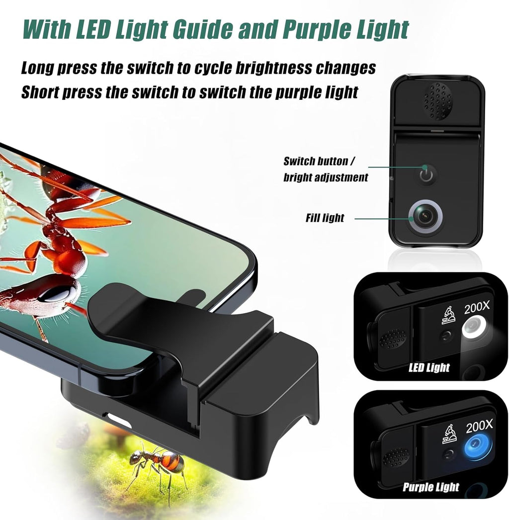 Phone Microscope 200X Pocket Magnifier Camera with CPL Lens/Lights, Zoom Universal Portable Phone Microscope with Clip for 99% Phone, Perfect for Coin/Stamp/Plant Inspection