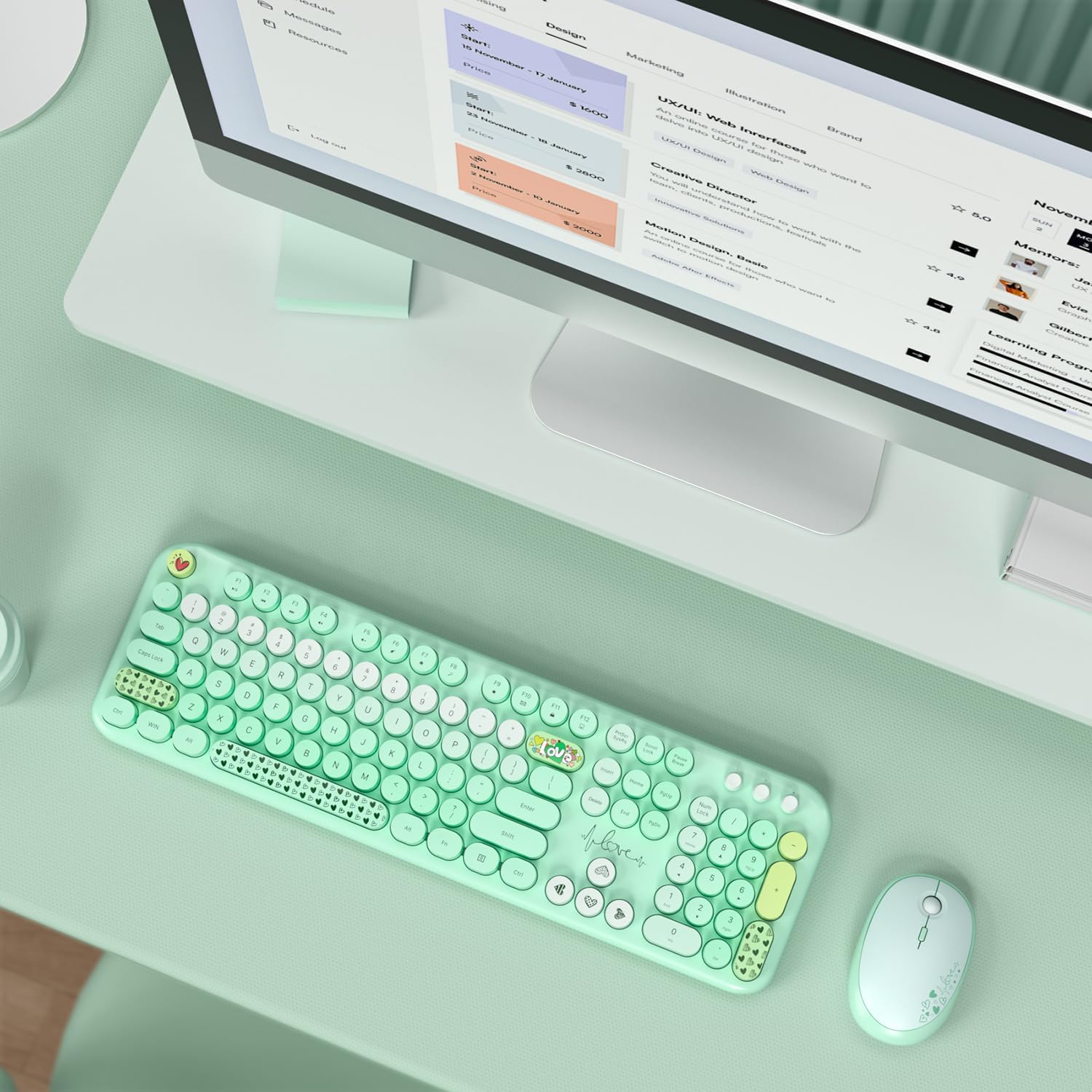 KNOWSQT Wireless Keyboard and Mouse Combo - Lovely Green Rainbow Full-Sized Typewriter Colorful Keyboards, Round Keycap USB Plug Play Retro Cute Keyboards for Windows, Laptop, PC, Desktop, Computer